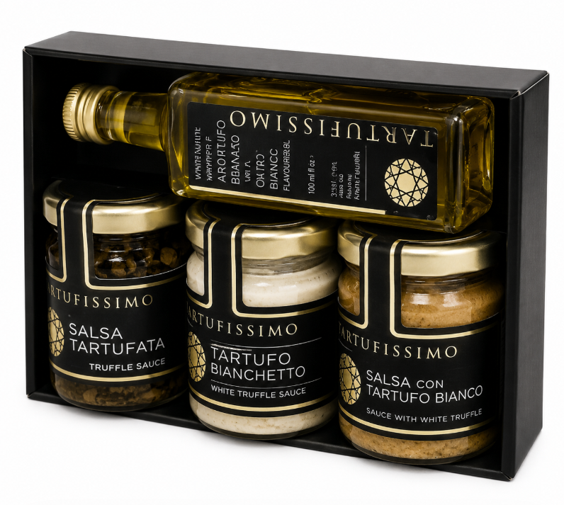 4 PRODUCTS COMPOSITION - EVO DRESSIN OIL 55ML WITH TRUFFLE, PARMESAN CREAM WITH TRUFFLE 45G, PORCINI AND WHITE TRUFFLE CREAM 45G -10 X BOX - GIULIANO TARTUFI