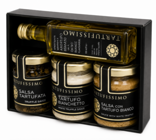 4 PRODUCTS COMPOSITION - EVO DRESSIN OIL 55ML WITH TRUFFLE, PARMESAN CREAM WITH TRUFFLE 45G, PORCINI AND WHITE TRUFFLE CREAM 45G -10 X BOX - GIULIANO TARTUFI